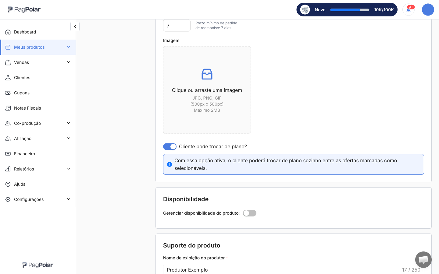 Aba Geral do plano no painel, com a opção Cliente pode trocar de plano ligada e o aviso de que o cliente poderá trocar entre as ofertas marcadas como selecionáveis