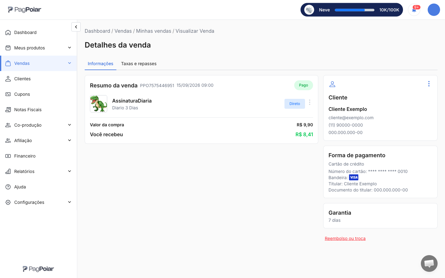 Tela Detalhes da venda com uma venda no cartão de crédito paga, mostrando o resumo, o cliente e a forma de pagamento