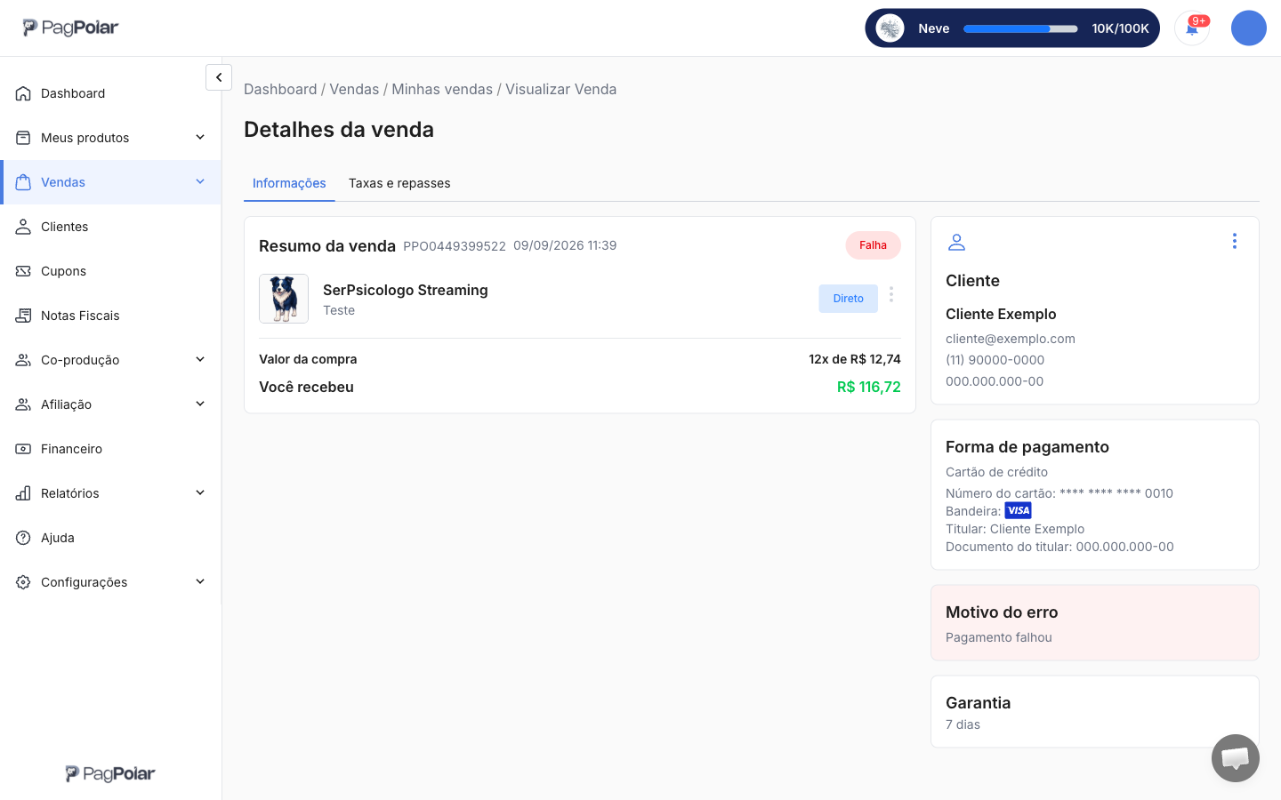 Tela Detalhes da venda com uma venda no cartão de crédito com status Falha e o bloco Motivo do erro