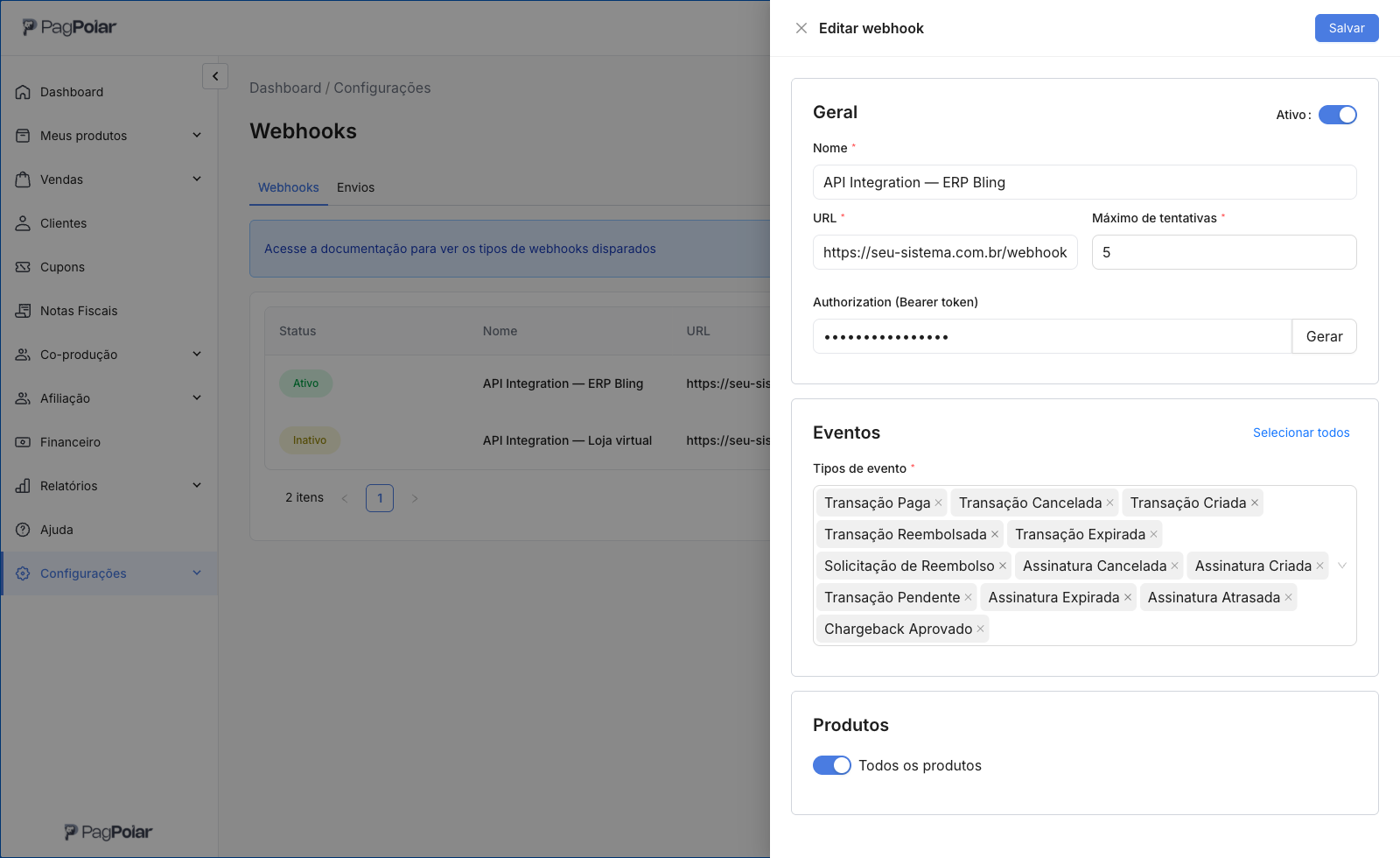 Painel lateral Editar webhook com nome, URL, máximo de tentativas, o token de autorização mascarado, os tipos de evento marcados e a opção Todos os produtos