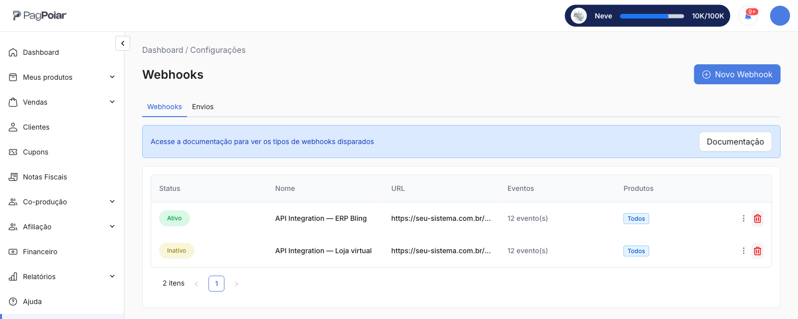 Tela Configurações → Webhooks, aba Webhooks, com os webhooks criados junto das credenciais e o botão Novo Webhook