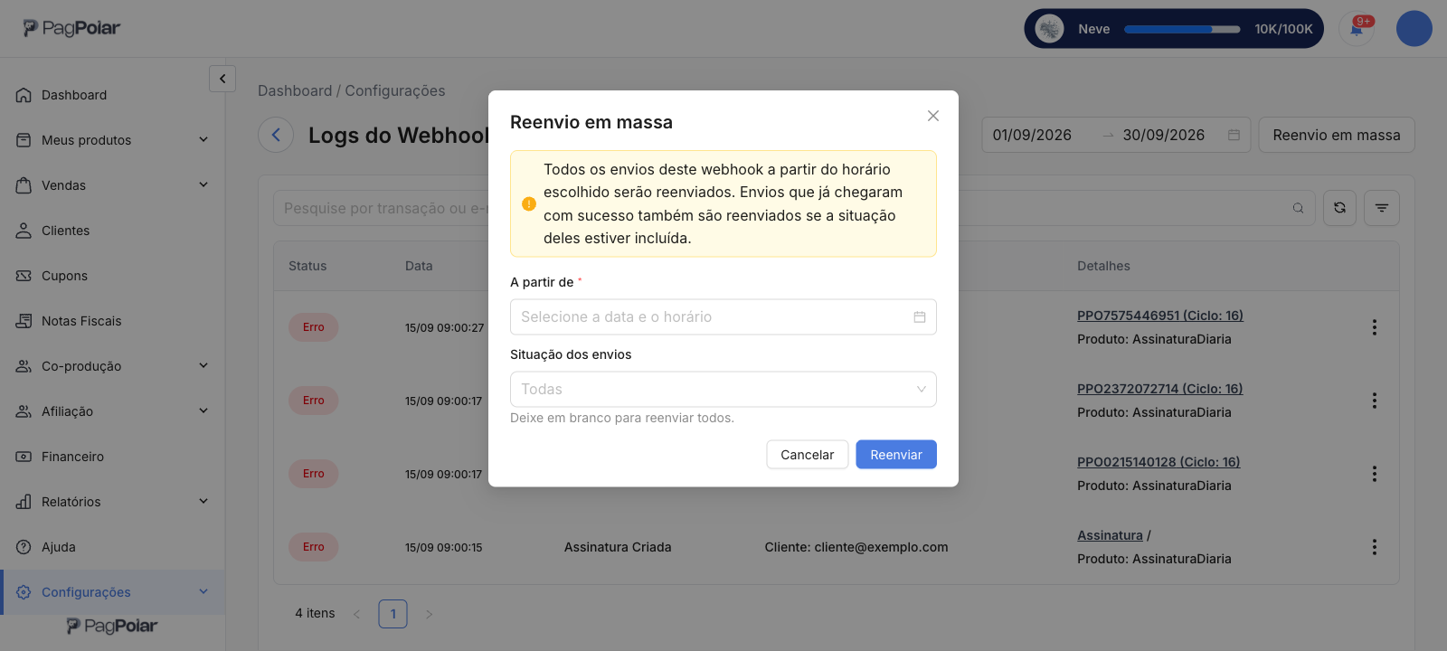 Janela Reenvio em massa sobre a tela Logs do Webhook, com o aviso de que envios bem-sucedidos também são reenviados, o campo A partir de e o campo Situação dos envios